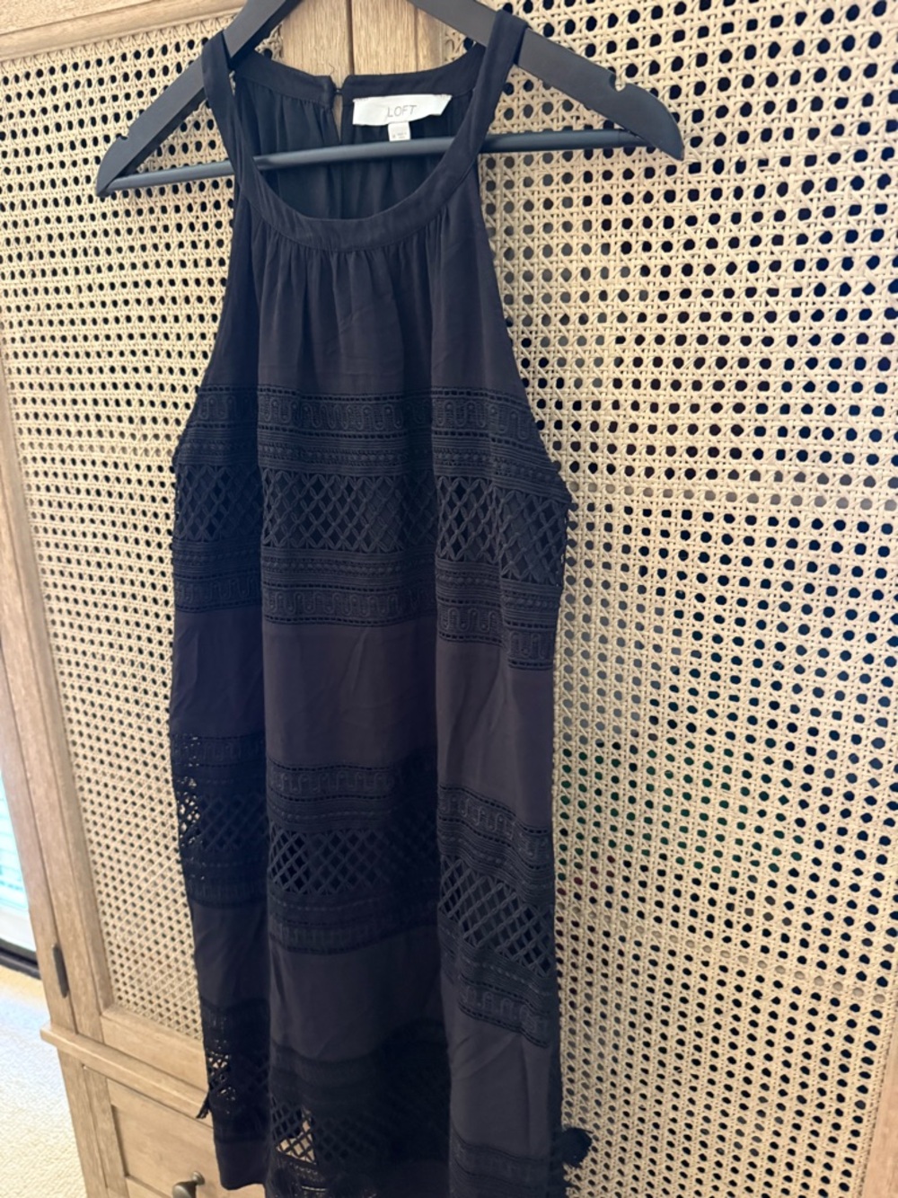LOFT Black Sleeveless Crochet-Panel Shift Dress